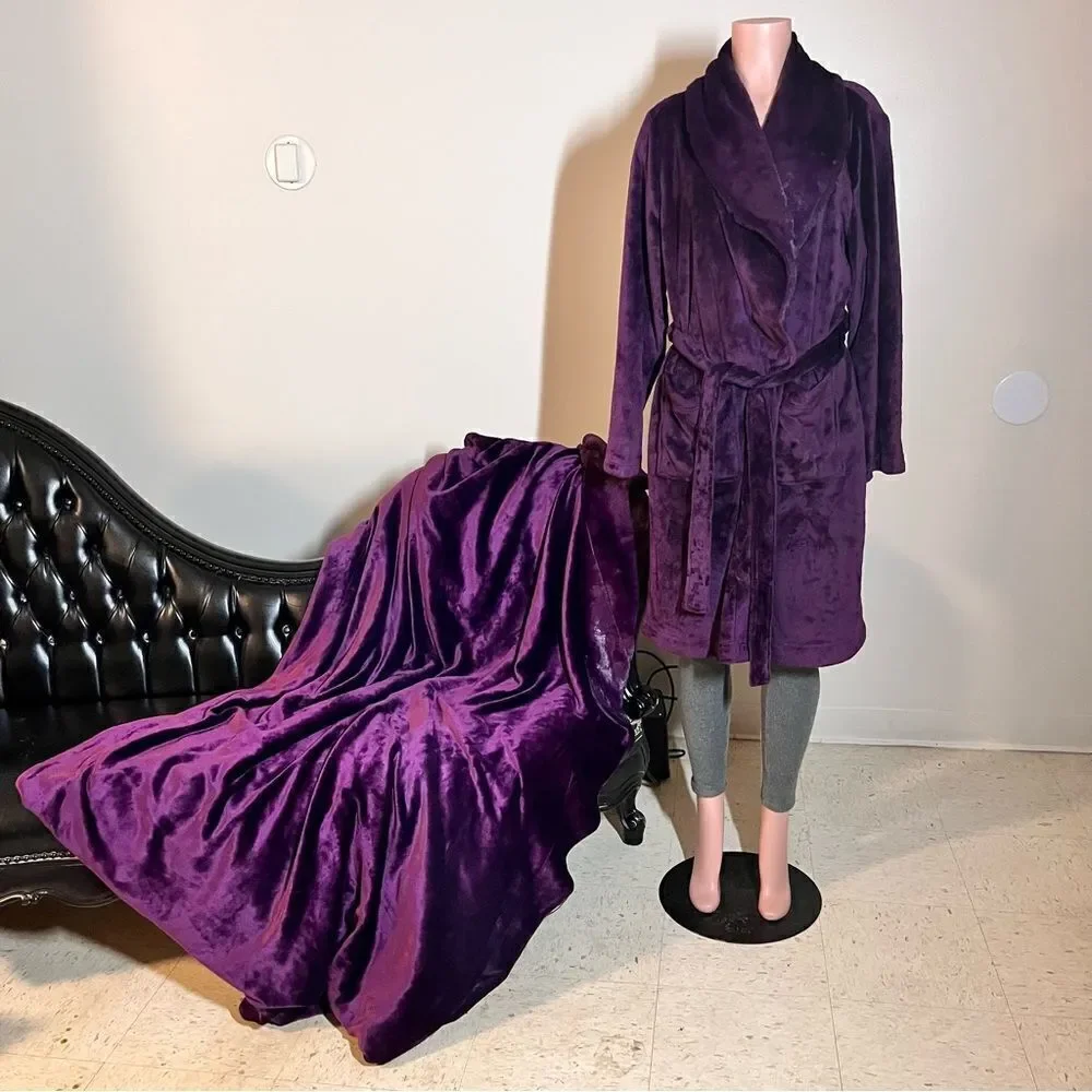 Berkshire Blanket VelvetLoft Plush Luxury Spa Robe with Velvet Soft Throw Set